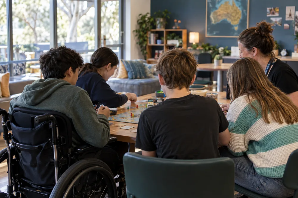 A small group playing a board game together at the after school program, supervised by a staff member