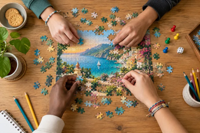 Close-up of hands working together on a jigsaw puzzle as a creative and recreational activity
