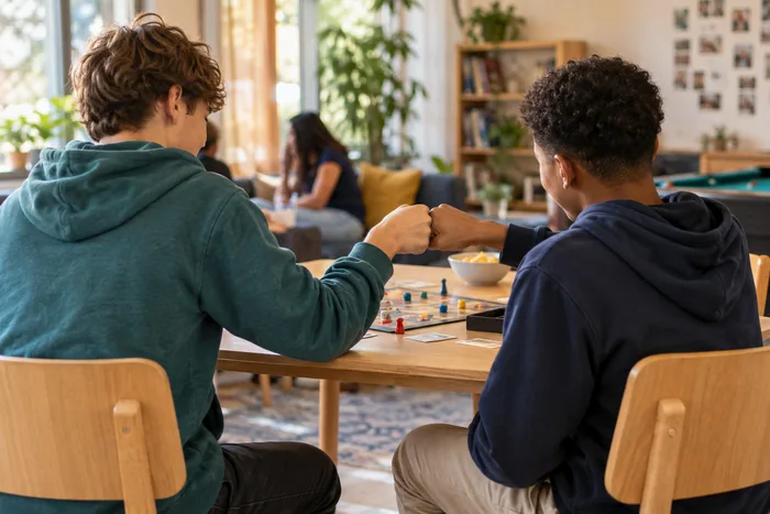 Two teens fist-bumping over a board game, shown from behind, building friendships at the after school program