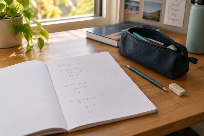 An open study notebook, pencil case and stationery on a desk, set up for quiet homework time