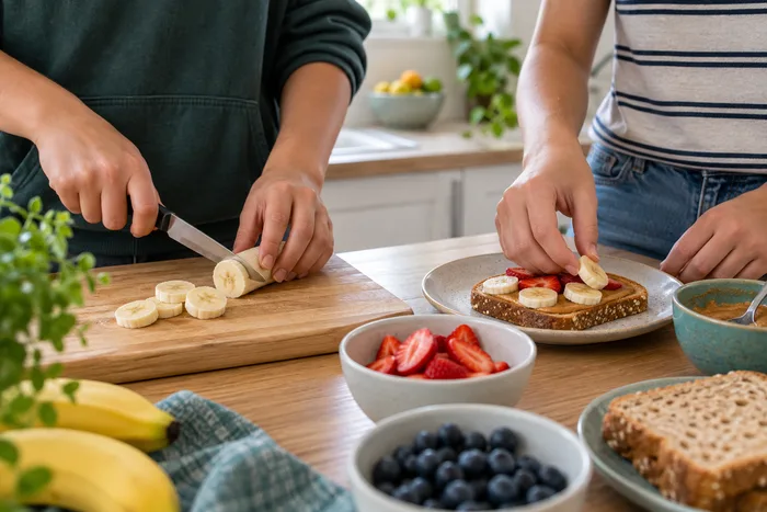 Hands preparing a healthy snack together, practising everyday life skills