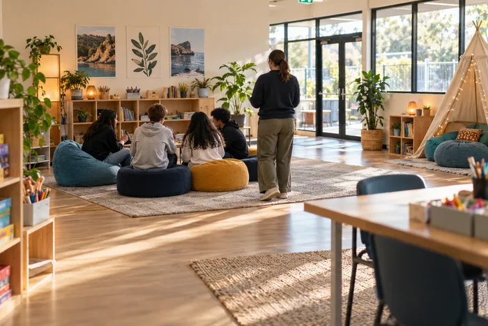 A bright, safe activity room with a support worker supervising a small group of teens
