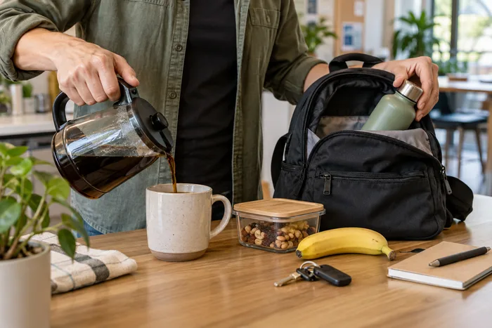 Hands preparing a coffee and packing a bag as part of an everyday routine