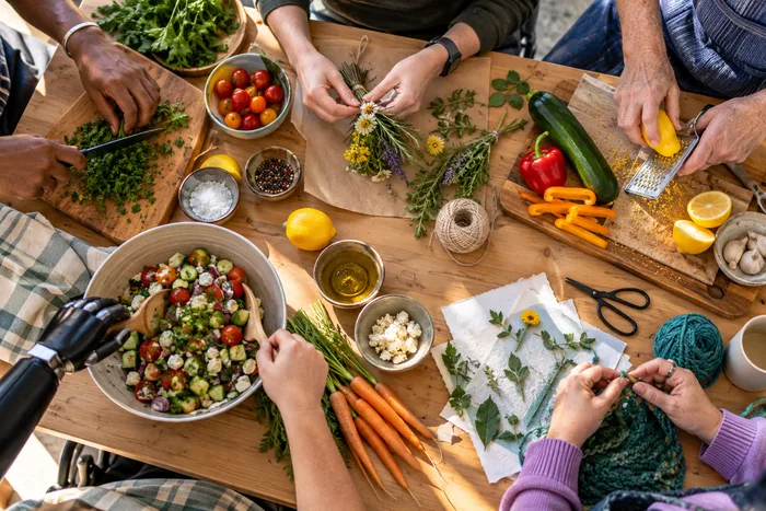 Participants working together preparing food and crafts around a table