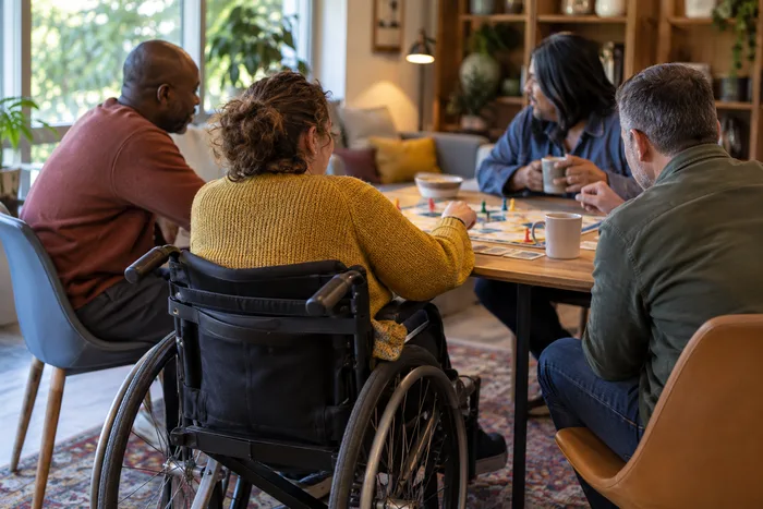 A small group, including a participant using a wheelchair, playing a board game together
