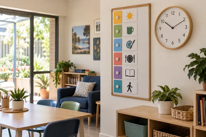 A visual daily schedule board and clock in a calm, organised activity room