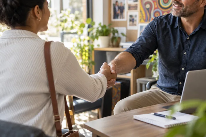 Two people shaking hands in a workplace setting