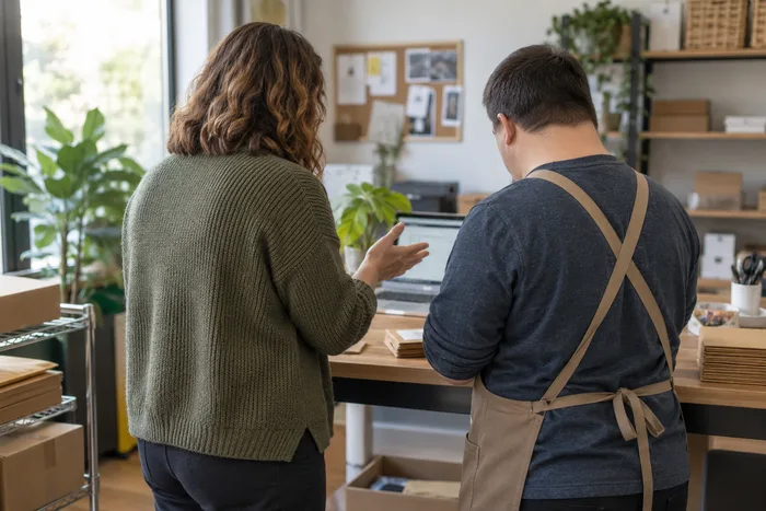 A support worker coaching a participant at a workstation, shown from behind