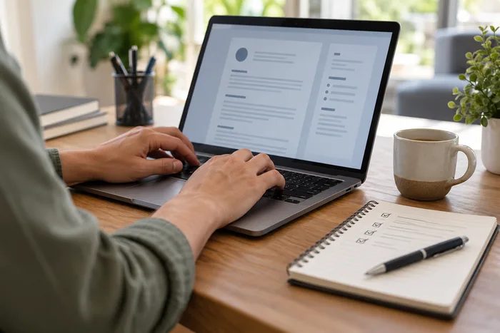 Close-up of hands typing a resume on a laptop next to a notepad with interview notes