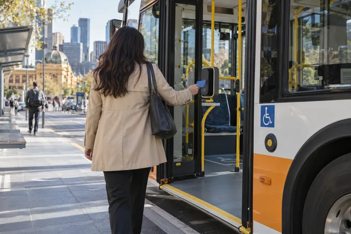 A person boarding public transport using a transport card, shown from behind
