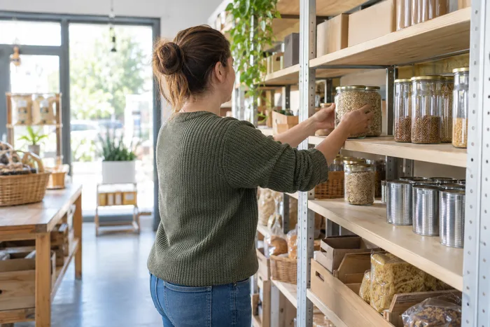 A participant stocking shelves in a workplace, shown from behind