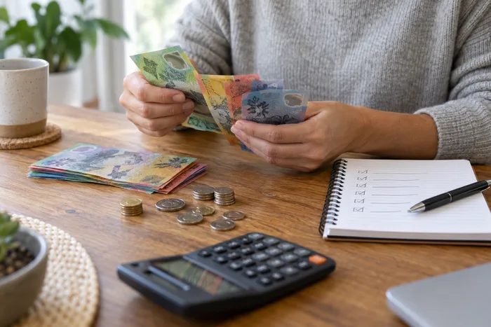 Hands counting cash and coins next to a budgeting checklist