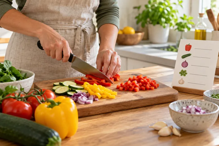 Hands chopping fresh vegetables in a home kitchen with a recipe card