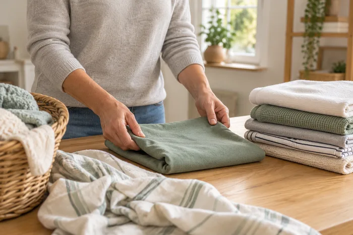 Hands folding laundry in a tidy home setting