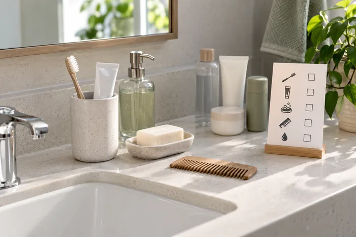 A tidy bathroom counter with toiletries and a daily routine checklist card
