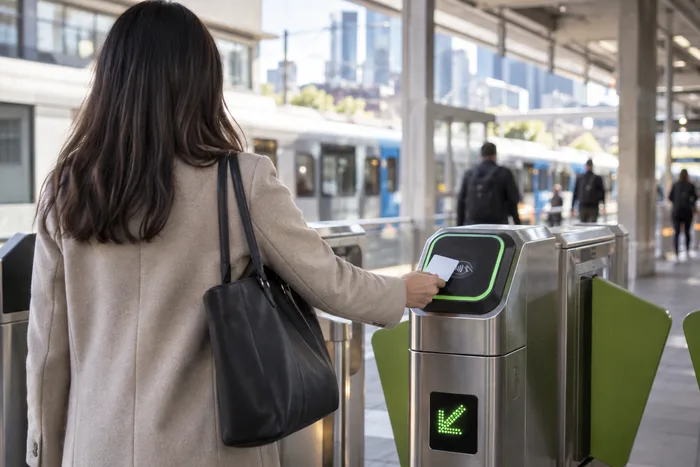 A person tapping a transport card at a train station gate, shown from behind