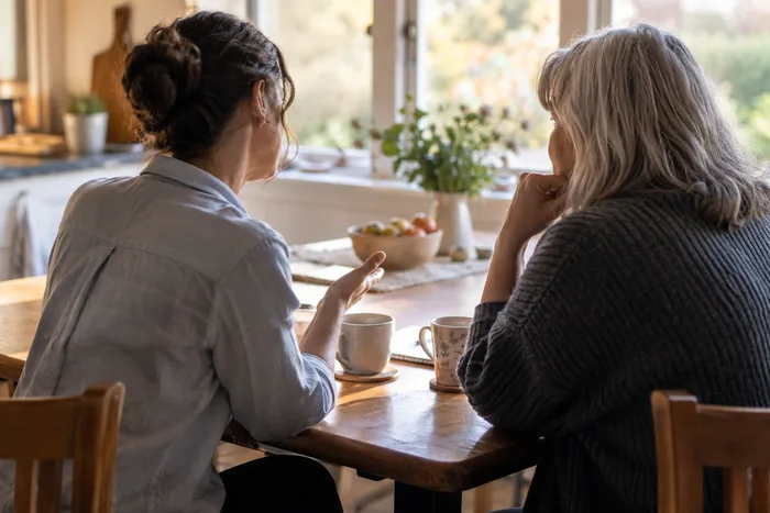 Two people talking warmly at a kitchen table, shown from behind
