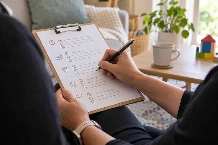 Hands writing observation notes on a clipboard checklist