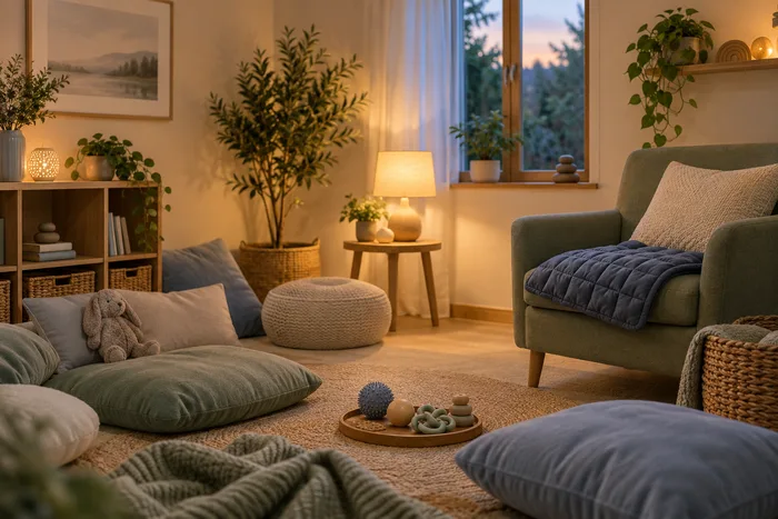 A quiet, calming room with soft cushions and low lighting