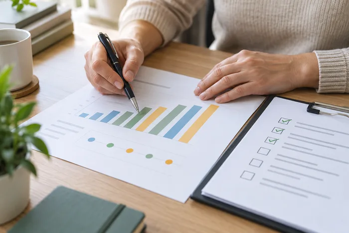 Hands reviewing a progress chart and checklist with a pen
