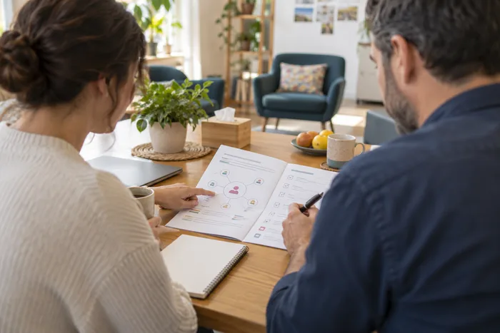 Two people reviewing a support plan document together