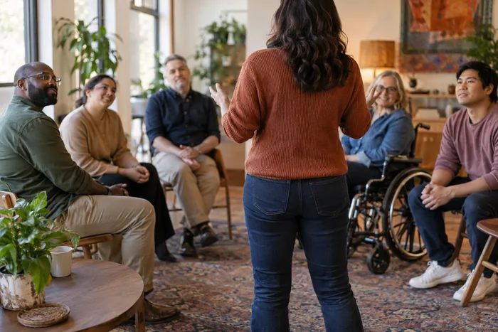 A participant standing and speaking confidently to a small supportive group, including a person using a wheelchair