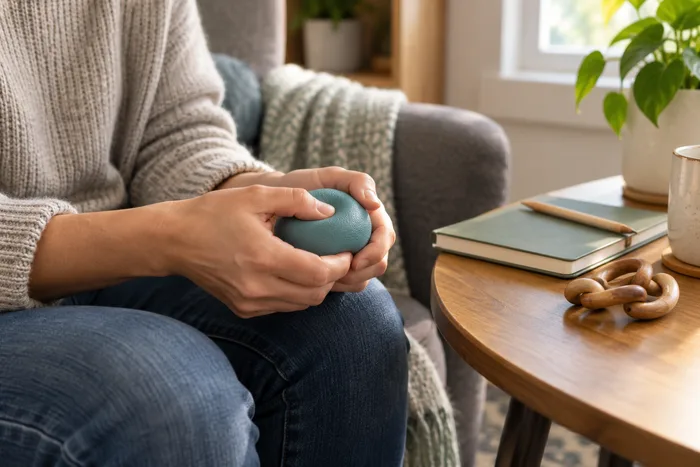 Hands using a calming stress ball in a quiet, comfortable space