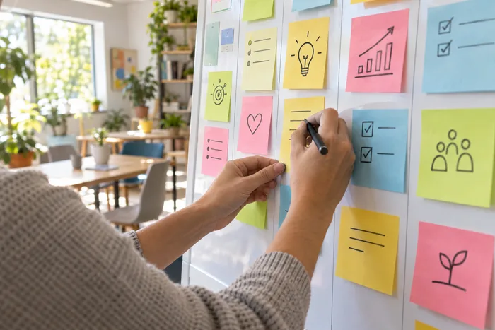 A hand writing on a goal-planning sticky note board