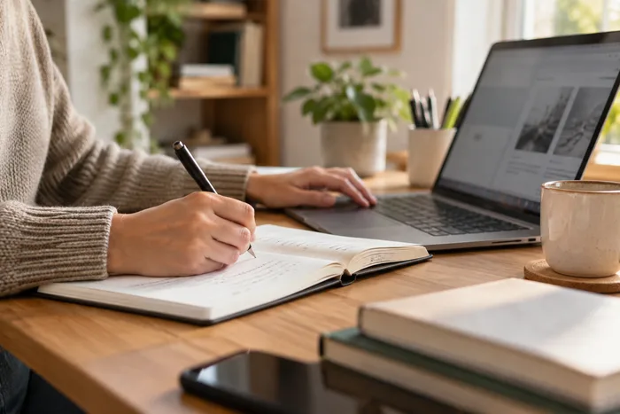 Hands writing in a notebook next to a laptop during a study session