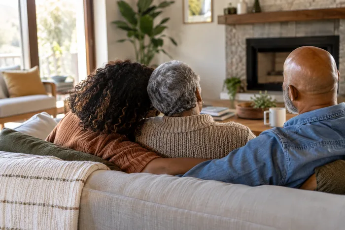 A family sitting together on a couch, shown from behind