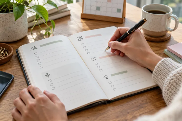 Hands writing goals into a planner at a desk