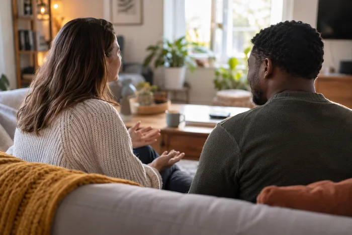 Two people talking supportively on a couch, shown from behind