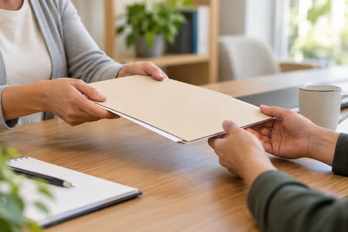 Hands passing a referral folder across a table